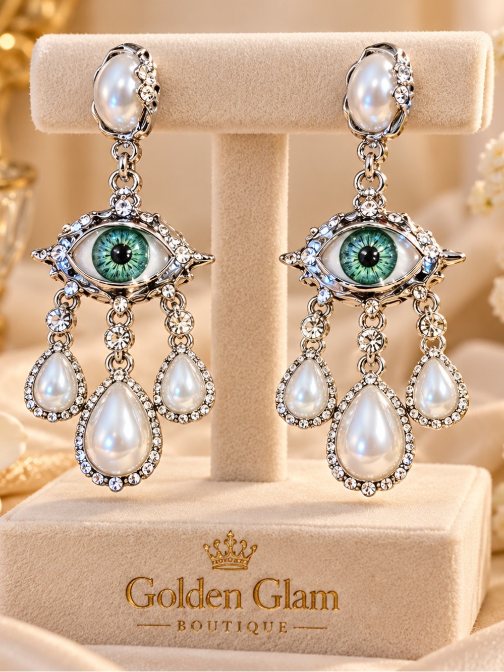 Green Eye Pearl Drop Statement Earrings